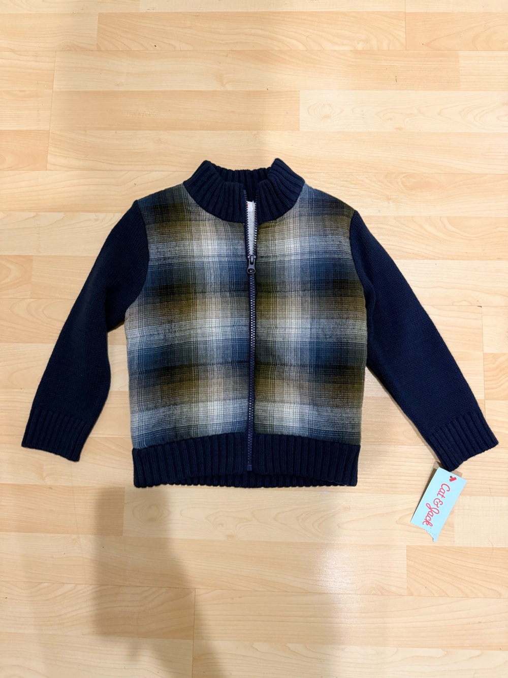 Cat & Jack Navy Blue Plaid Full Zip Knit Sweater Size 3T NWT
